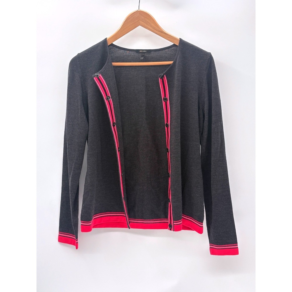 Escada Cardigan Sweater Wool Gray Pink Trim Women Size 38 / 8 Quiet Luxury
